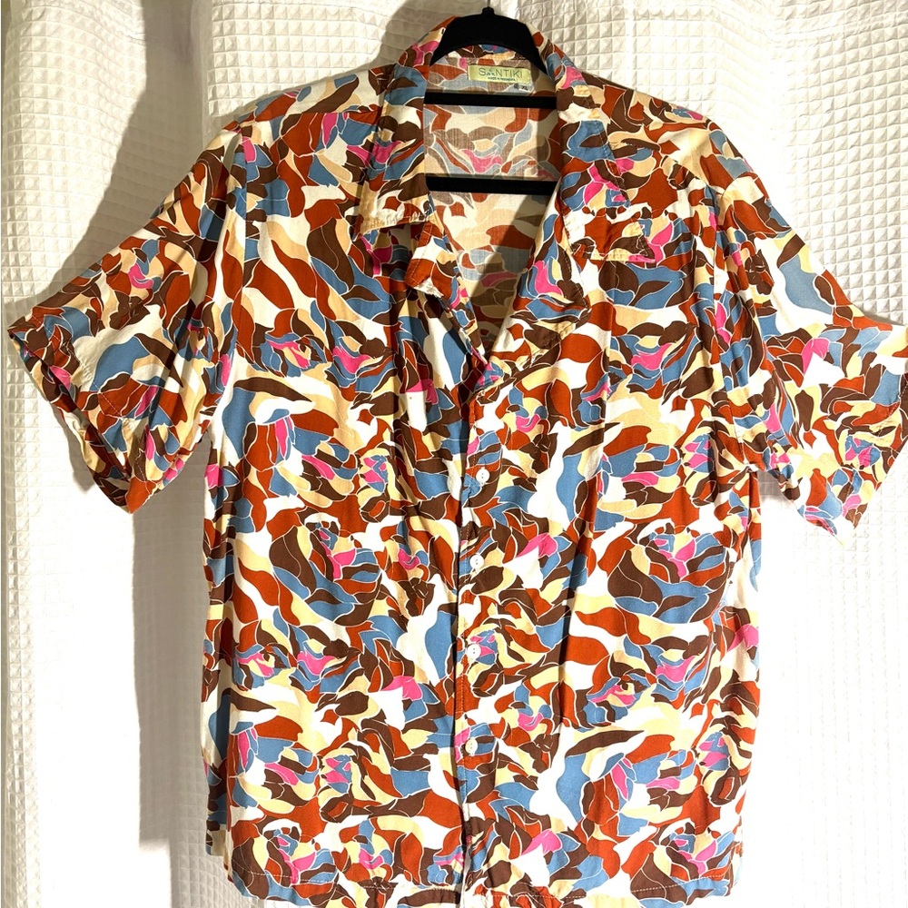 Vintage-Inspired Multicolor Print Short Sleeve Shirt
